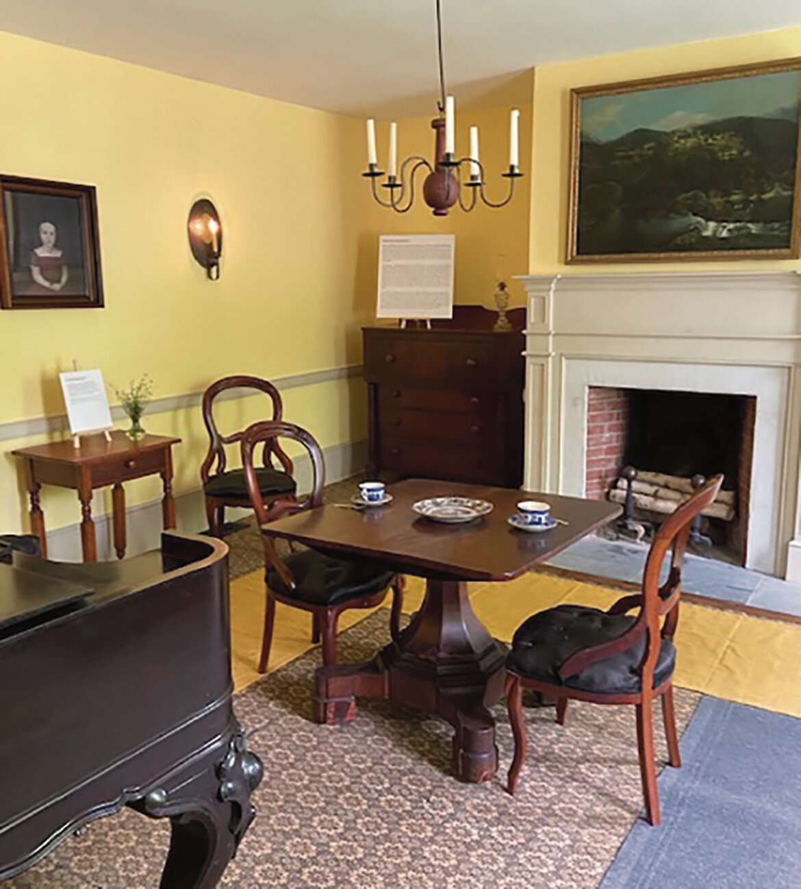 The parlor where prominent Andes families dined and entertained guests in the 1800. The rug was found at the Pleasant Valley Meeting House and is one of the first machine-made reversible rugs, circa 1800s.